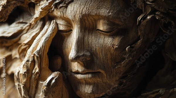 Fototapeta Close-up carved wooden sculpture of a contemplative face.