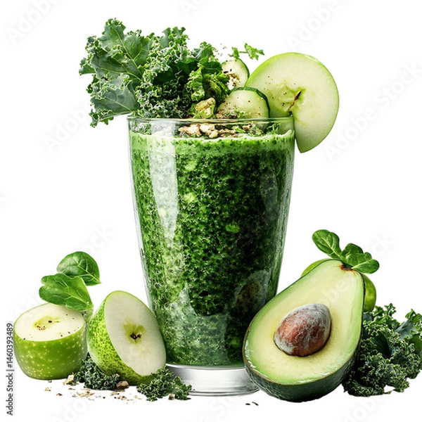 Obraz Glass of Green Smoothie with Fruit Isolated on Transparent Background