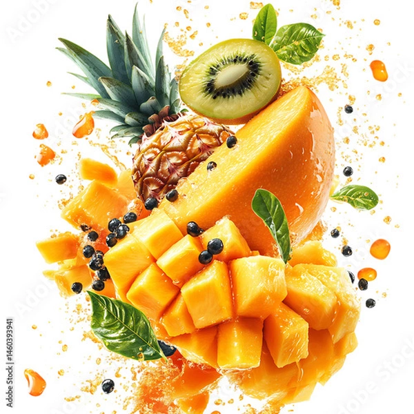 Obraz Modern Tropical Cascade XI Fruit and Juice Isolated on Transparent Background