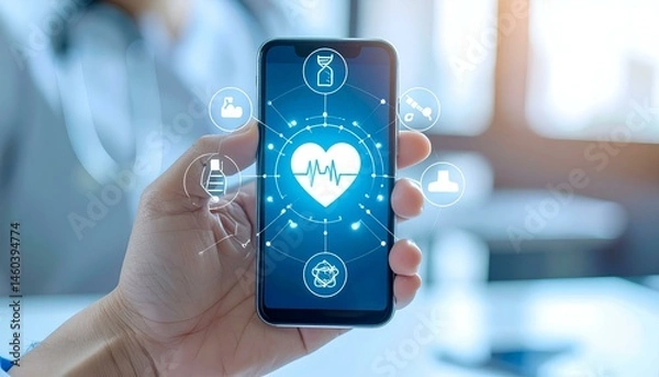Fototapeta Hand holding smartphone displaying medical app interface with heart rate monitor, DNA, pills, and other health icons. Modern healthcare technology concept.