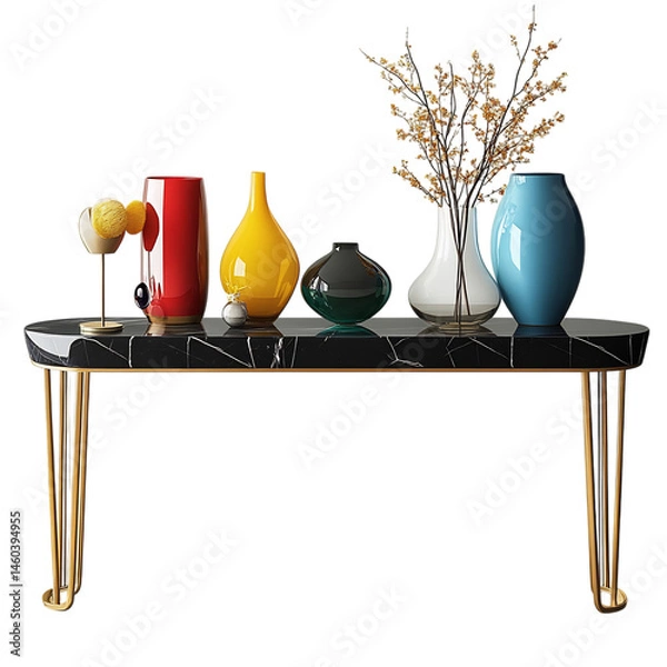 Obraz A Sleek Black Marble Console Table with Gold Accents Isolated on Transparent Background