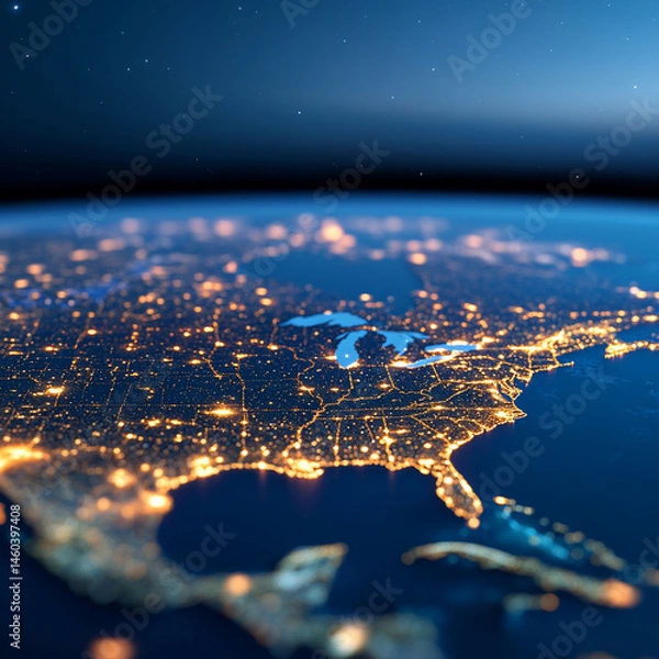 Obraz Night view of city lights from space high angle aerial shot of earth globe showing urban areas
