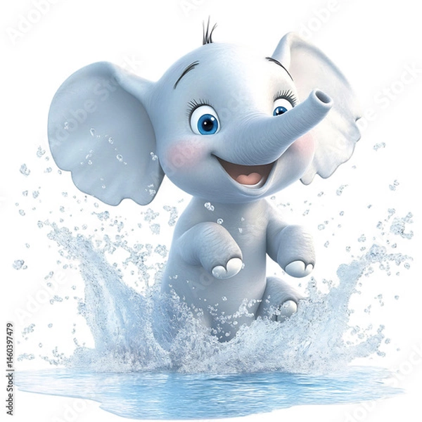 Obraz Cartoon Elephant Splashing Water Isolated on Transparent Background