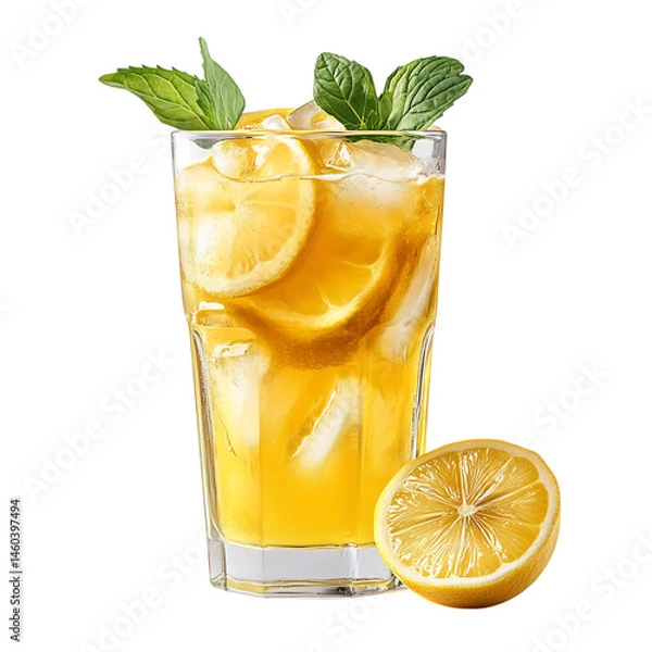 Obraz Glass of Lemonade with Lemon Slice Isolated on Transparent Background