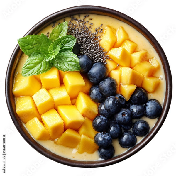 Obraz Mango Smoothie Bowl with Blueberries Isolated on Transparent Background