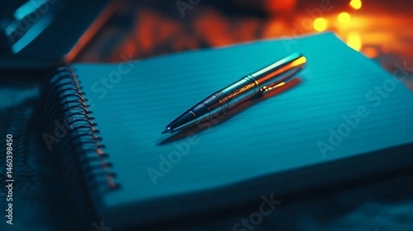 Fototapeta A metallic pen rests on a spiral-bound notebook.
