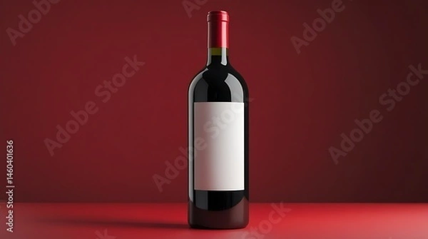 Fototapeta Elegant red wine bottle with blank label displayed on a minimal red pedestal against a red background, perfect for product design, branding, or advertising mockups
