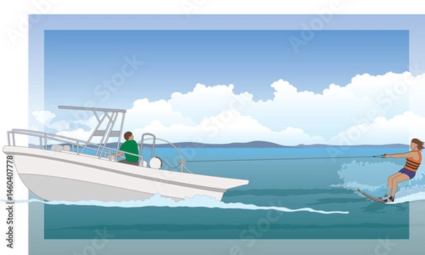 Fototapeta water skiing, female skier pulled behind by a speed boat over open water with a blue sky in the background