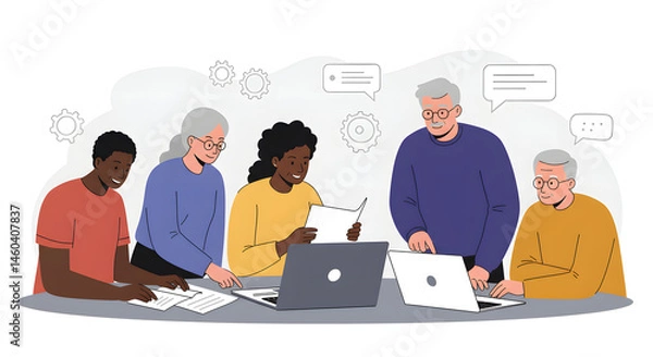 Fototapeta Vector Illustration. Diverse Group of Multiethnic Young and Senior Adults Finding a Solution to a Team Assignment, Undergoing Workforce Training Program for Improving Skills of Employees and Prospecti
