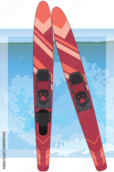 Fototapeta water skiing, pair of water skis with waves and blue sky in the background