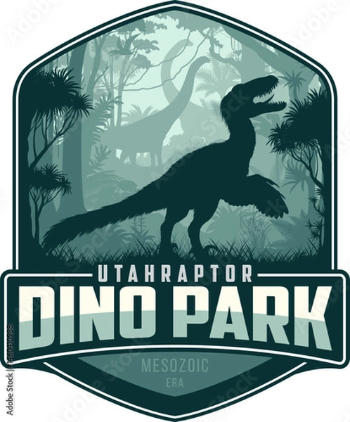 Fototapeta Vector label with utahraptor in jungle