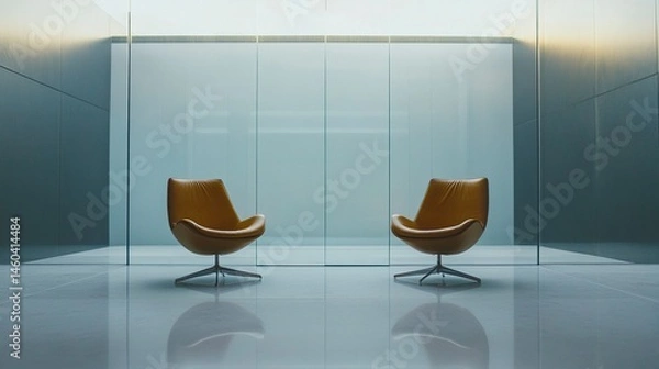 Fototapeta Modern office space with a sleek glass wall, two stylish brown chairs positioned symmetrically, clean and minimalist design.  