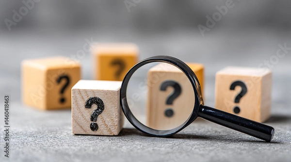Obraz Identifying and understanding issues through root cause analysis using a magnifying glass on wooden cubes with question marks on a grey background