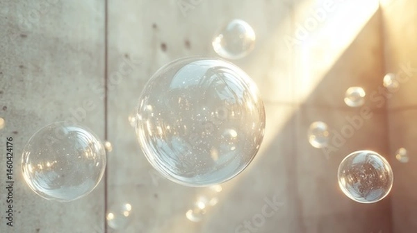 Fototapeta Floating orbs of light against a light beige wall.