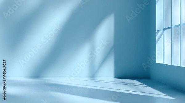 Fototapeta Minimalistic abstract light blue background with shadow and light from windows, product presentation concept