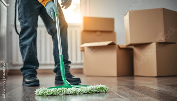 Fototapeta Close-up of professional cleaner washing floor with green mop. Man in working uniform. Handyman in gloves and cardboard boxes. Cleaning service and moving day concept, silhouette. with white shades