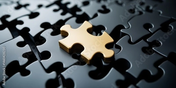 Obraz Close-up image of a glossy gold puzzle piece fitting perfectly into a contrasting black puzzle, symbolizing uniqueness, solution, and strategic success in a minimal, elegant setting

