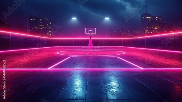 Fototapeta Futuristic Basketball Court Glowing with Neon Lights, Designed by Generative AI Technology. 