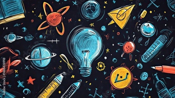 Fototapeta Fun School and Science Doodle Background, Filled with Creative Illustrations for Educational Projects. 