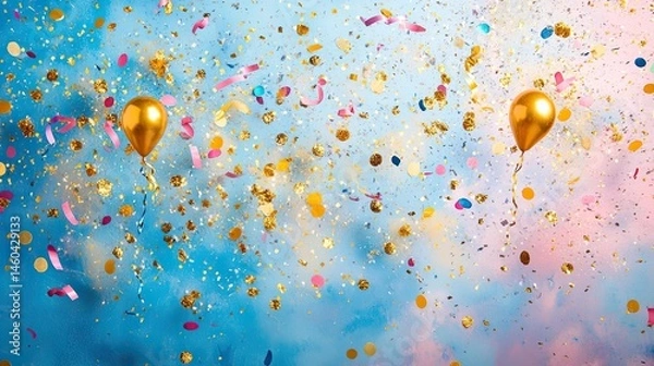 Fototapeta Fun confetti, golden glitter, and streamers on a pastel blue background, adding excitement to any event