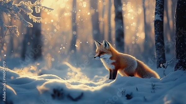 Fototapeta Fox in snow within a winter forest, captured in a serene, snowy landscape 