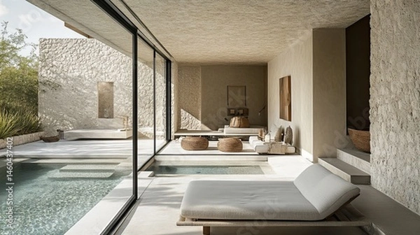Fototapeta Expansive window in a modern villa hallway providing a perfect view of the private pool outside. 