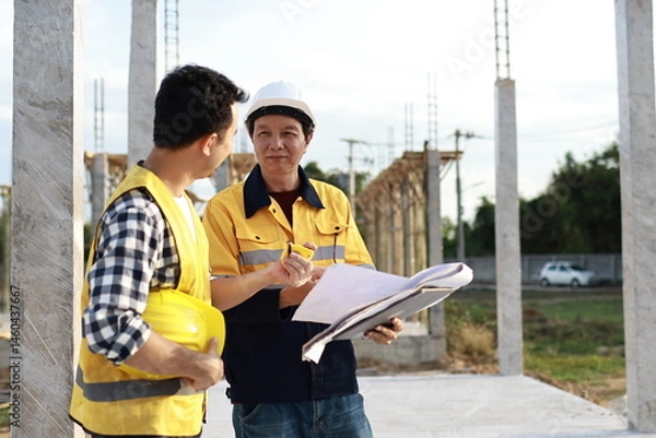 Obraz A diverse group of architects, engineers, and business professionals exchange a handshake indoors, symbolizing teamwork, success, and cooperation in a construction industry agreement.