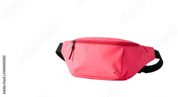 Fototapeta Bright pink fanny pack on a white background, showcasing its sleek design and zipper detail, ideal for fashion or travel use