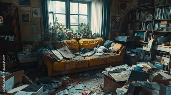 Obraz A cluttered and disorganized living room with a dirty sofa as the centerpiece, surrounded by a chaotic mess of everyday items, creating an unfiltered look at a messy home interior 