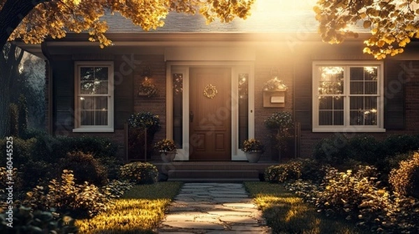 Obraz A comfortable, contemporary house with a stylish door, a warm front porch, symmetrical shutters, and a paved yard, designed with ample copyspace in the sky or foreground for text overlay 