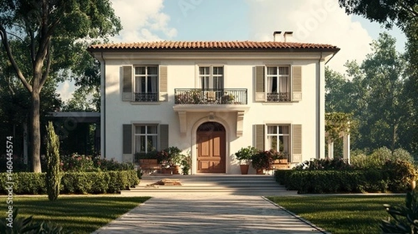 Obraz A comfortable, contemporary house with a stylish door, a warm front porch, symmetrical shutters, and a paved yard, designed with ample copyspace in the sky or foreground for text overlay 