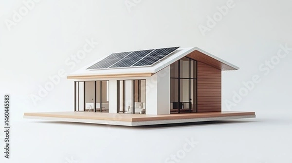Obraz A compact and detailed house model showcasing a rooftop solar panel, symbolizing smart home technology and renewable energy, set on a white background for a minimalist appeal 