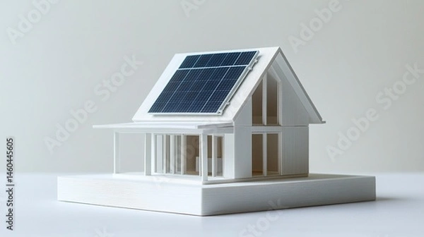 Obraz A compact and detailed house model showcasing a rooftop solar panel, symbolizing smart home technology and renewable energy, set on a white background for a minimalist appeal 