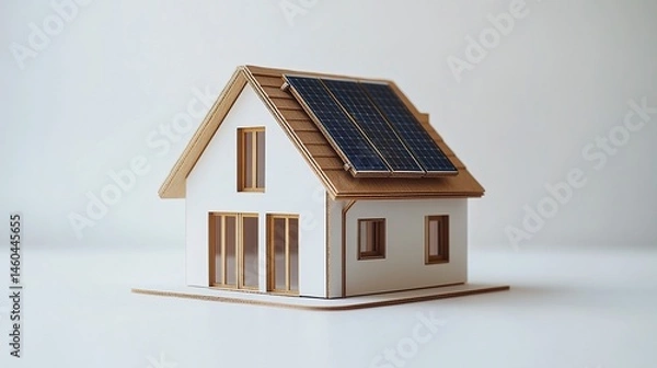 Obraz A compact and detailed house model showcasing a rooftop solar panel, symbolizing smart home technology and renewable energy, set on a white background for a minimalist appeal 