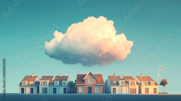 Obraz A conceptual image of a dream cloud above a cozy house, with a contrasting row of rental apartment doors below, visually representing the path from renting to owning your own home 
