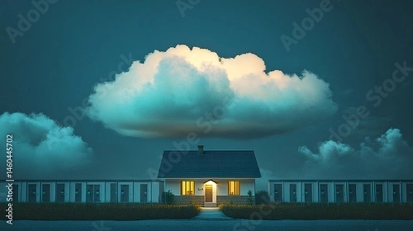 Obraz A conceptual image of a dream cloud above a cozy house, with a contrasting row of rental apartment doors below, visually representing the path from renting to owning your own home 