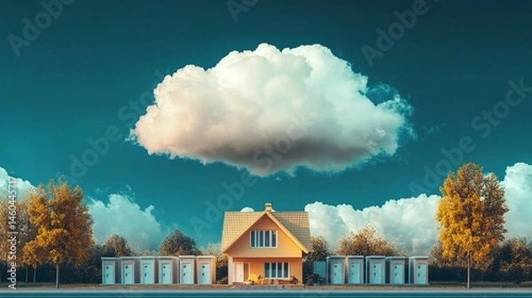 Obraz A conceptual image of a dream cloud above a cozy house, with a contrasting row of rental apartment doors below, visually representing the path from renting to owning your own home 