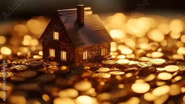 Obraz A conceptual image of a house model surrounded by coins, illustrating wealth accumulation through property investment, with a clean background enhancing the minimalist design 