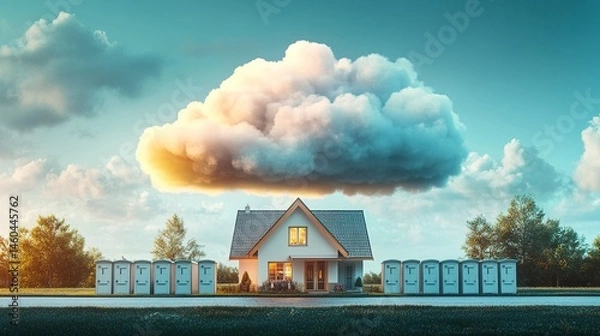 Obraz A conceptual image of a dream cloud above a cozy house, with a contrasting row of rental apartment doors below, visually representing the path from renting to owning your own home 