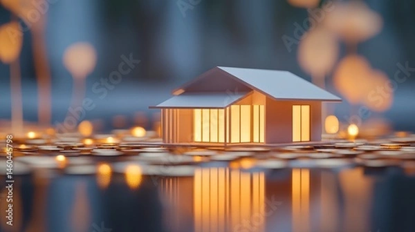 Obraz A conceptual image of a house model surrounded by coins, illustrating wealth accumulation through property investment, with a clean background enhancing the minimalist design 