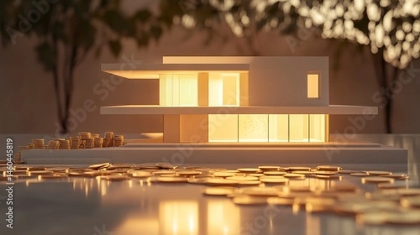 Obraz A conceptual image of a house model surrounded by coins, illustrating wealth accumulation through property investment, with a clean background enhancing the minimalist design 