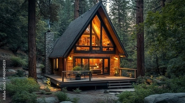 Obraz A contemporary A-frame cabin with sleek wooden paneling and large windows, glowing warmly in the fading light of dusk, surrounded by dense woodland for a serene escape 