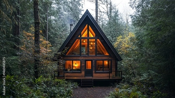 Obraz A contemporary A-frame cabin with sleek wooden paneling and large windows, glowing warmly in the fading light of dusk, surrounded by dense woodland for a serene escape 