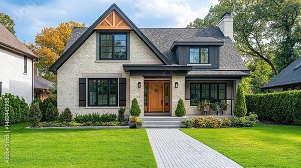 Obraz A contemporary, cozy home with a trendy entrance door, paved yard, shutters framing large windows, and a clean porch design, with a minimal background for flexible text placement 