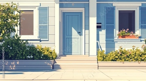 Obraz A contemporary, cozy home with a trendy entrance door, paved yard, shutters framing large windows, and a clean porch design, with a minimal background for flexible text placement 
