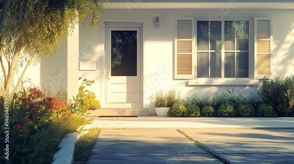 Obraz A contemporary, cozy home with a trendy entrance door, paved yard, shutters framing large windows, and a clean porch design, with a minimal background for flexible text placement 