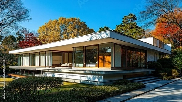 Obraz A contemporary detached house featuring white walls, a flat roof, and large glass panels, set against a clear blue sky with subtle landscaping for a balanced and polished design 