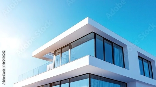 Obraz A contemporary detached house featuring white walls, a flat roof, and large glass panels, set against a clear blue sky with subtle landscaping for a balanced and polished design 
