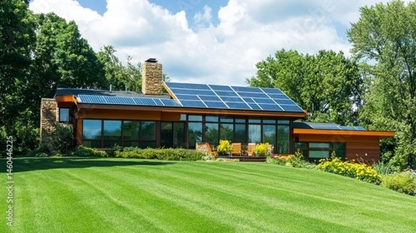Obraz A contemporary family home with solar panels seamlessly integrated into its roof design, producing clean energy on a sunny day, framed by a lush green yard and a bright sky 