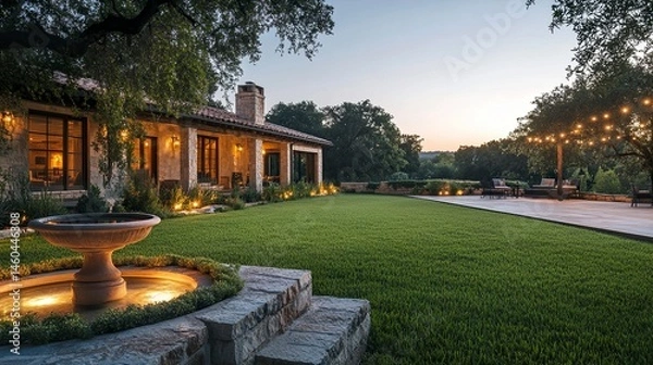Obraz A contemporary farmhouse with a spacious green lawn, a minimalist stone fountain as a focal point, and garden lights casting a warm glow, blending modernity and rustic charm 